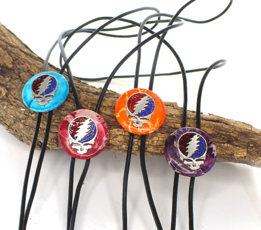 45mm Steal Your Face Bolo Tie, Electric Turquoise, Fire Opal, Burning Ember, Cosmic Violet, 36' cord, made in USA, each