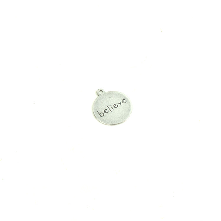 Believe Charm 13mm(.5in) Round Stamped Tag Classic Silver, pk/6