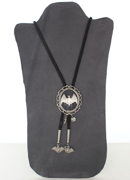 56mm x 46mm Silver Bat Bolo Tie, with Halloween Charms, made in USA, each