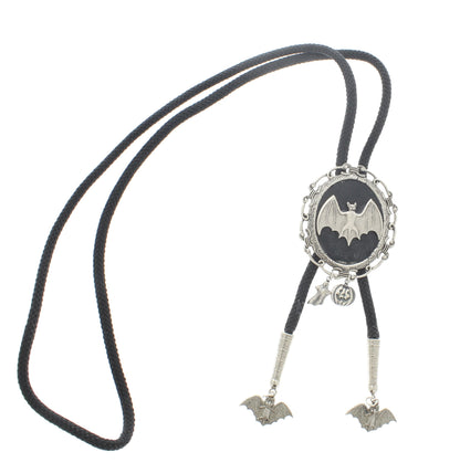 56mm x 46mm Silver Bat Bolo Tie, with Halloween Charms, made in USA, each