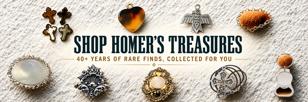Shop Homer's Treasure Collection of over 40 years. Bulk pricing on jewelry parts and creator pieces; bolo ties, belt buckles, necklaces, earrings, & more