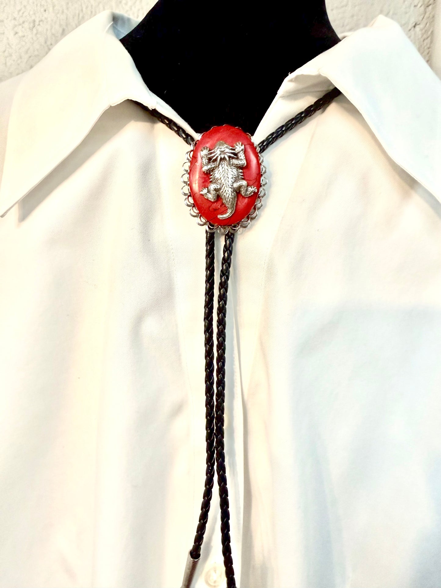 46mm x 36mm Red Stone Bolo Tie with Silver Horned Toad, made in USA, each