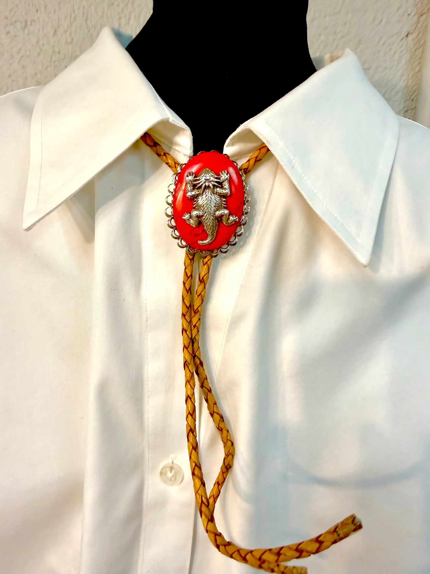 46mm x 36mm Red Stone Bolo Tie with Silver Horned Toad, made in USA, each