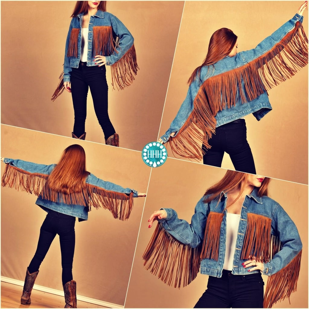 Light or Dark Brown Suede Leather Fringe Denim Jacket, made in USA