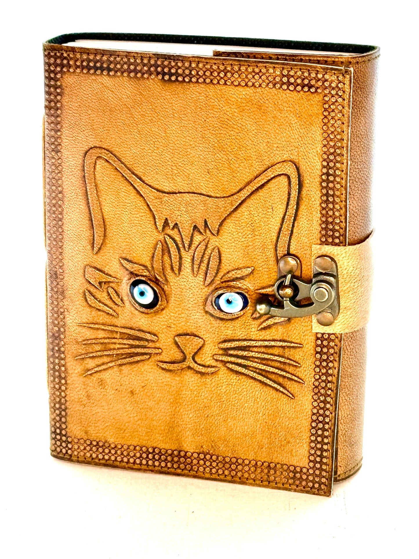 Cat Leather Journal with stone eyes and metal Closure, each