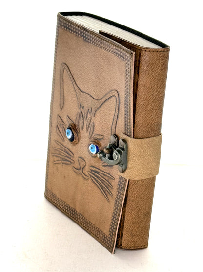 Cat Leather Journal with stone eyes and metal Closure, each