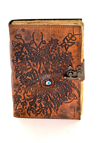 Embossed Leather Journal with Lock Closure and Eye Stone, ea