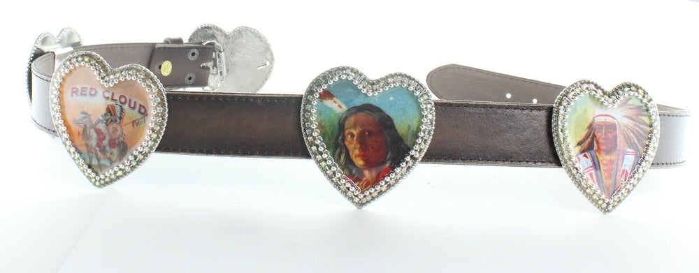 American Indian Concho Icon Leather Belt, vintage images on 5 heart conchos with crystal, HandMade in USA