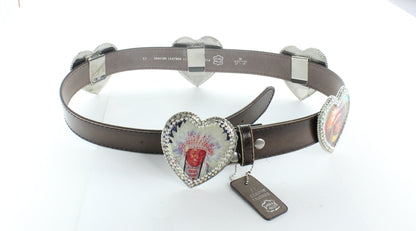 American Indian Concho Icon Leather Belt, vintage images on 5 heart conchos with crystal, HandMade in USA