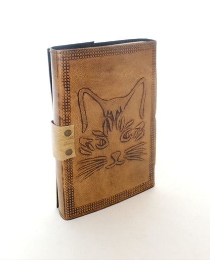 Cat Leather Journal with stone eyes and metal Closure, each