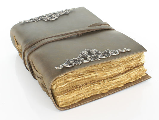 Antique Leather Journal with String Closure and Floral Motifs, each