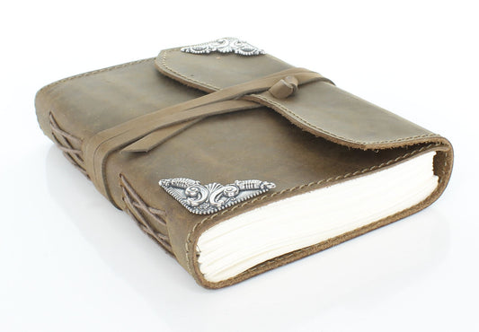 Vintage Leather Journal with String Closure and Silver Corner Motifs, each