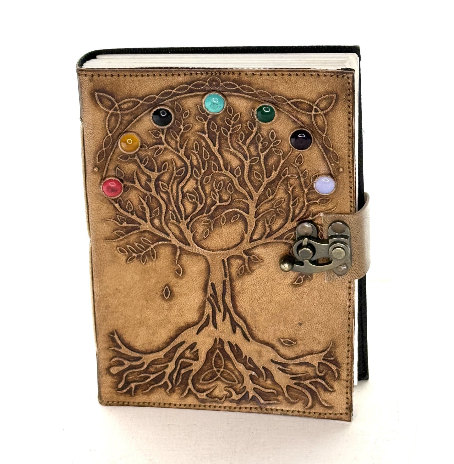 Tree of life Embossed Leather Journal w/ stones and Lock, EA