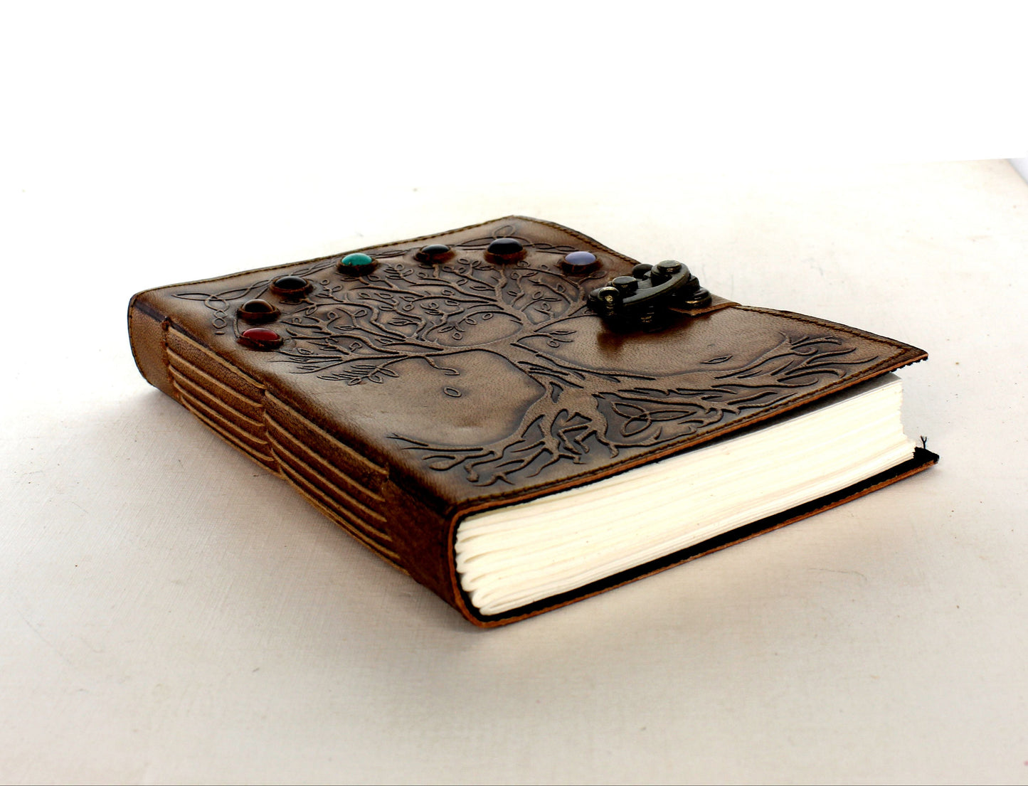 Tree of life Embossed Leather Journal w/ stones and Lock, EA