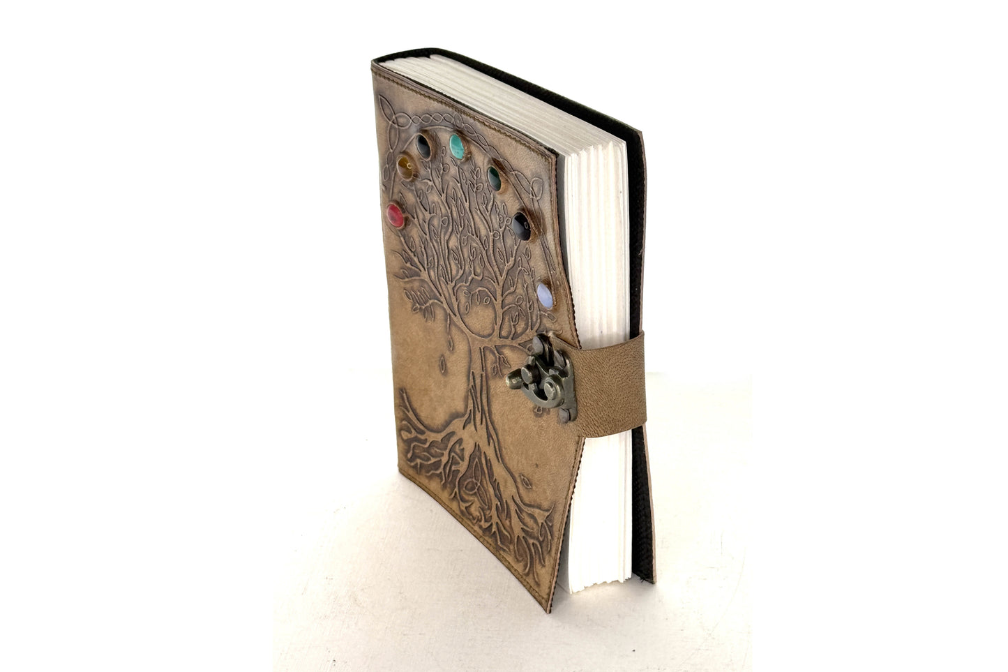 Tree of life Embossed Leather Journal w/ stones and Lock, EA