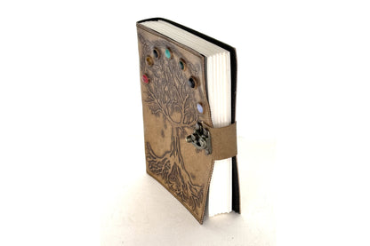 Tree of life Embossed Leather Journal w/ stones and Lock, EA