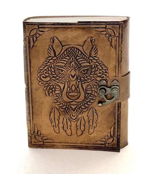 Wolf Face Embossed Leather Journal with Lock, each