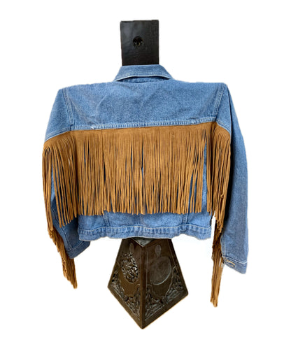 Light or Dark Brown Suede Leather Fringe Denim Jacket, made in USA