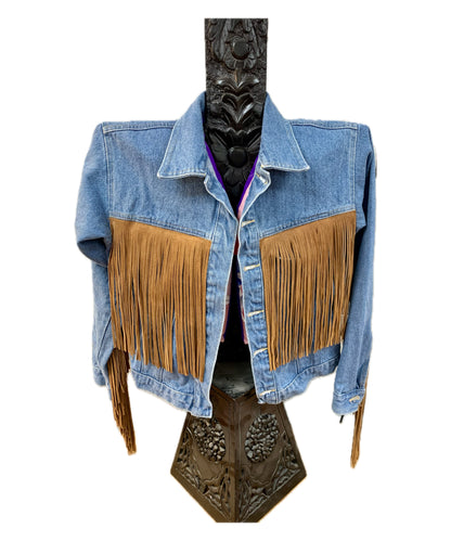 Light or Dark Brown Suede Leather Fringe Denim Jacket, made in USA