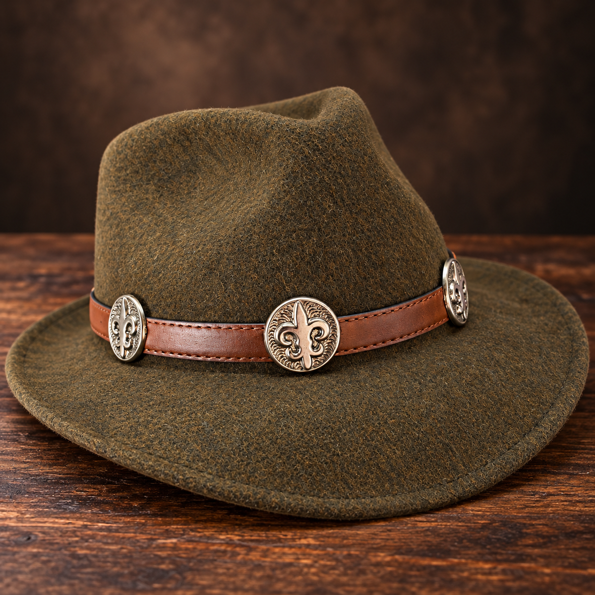 Fleur de Lis Concho Hat Band, Brown Leather with Antique Silver Tone Accents, Western Cowboy Hat or Fedora Accessory