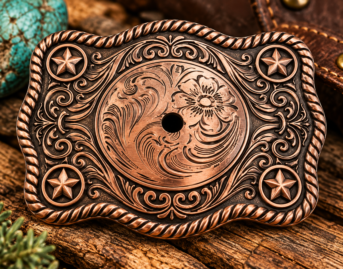 Western Belt Buckle Blank – Antique Silver/Copper Tone – 4 Texas Stars – Engraved Floral Design – Center Concho Mount – DIY Cowboy Buckle
