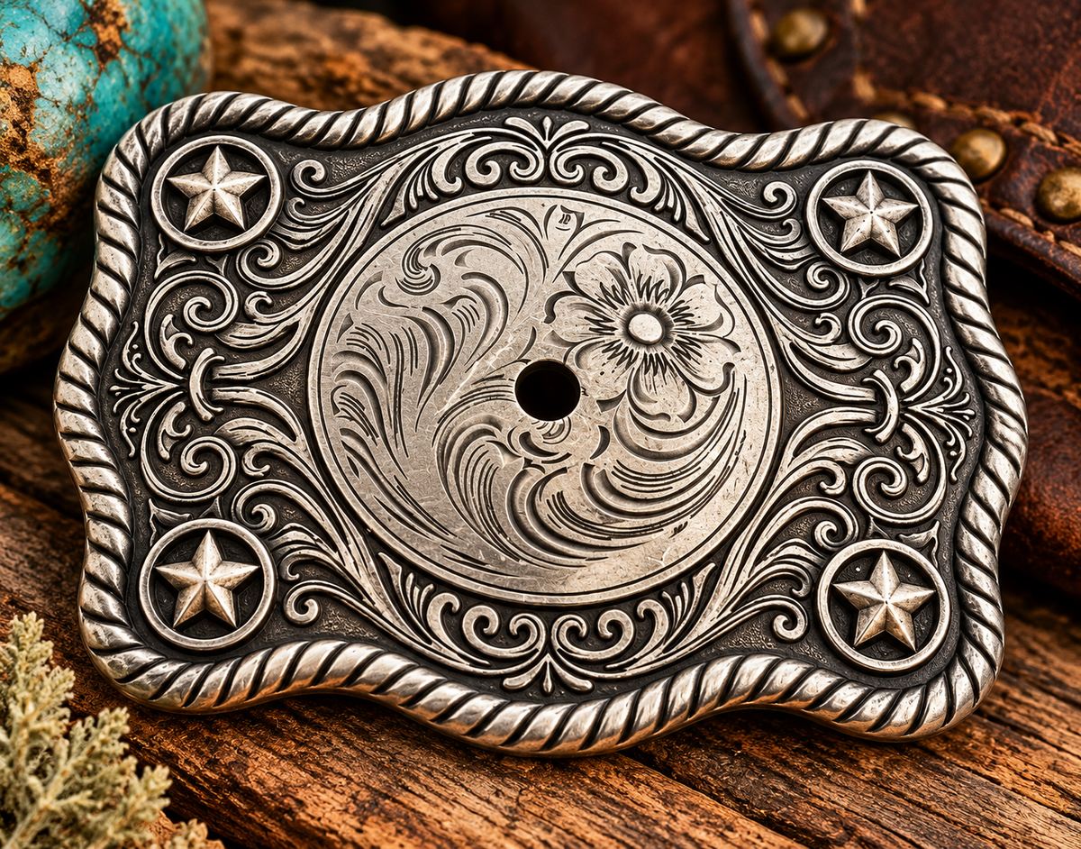 Western Belt Buckle Blank – Antique Silver/Copper Tone – 4 Texas Stars – Engraved Floral Design – Center Concho Mount – DIY Cowboy Buckle