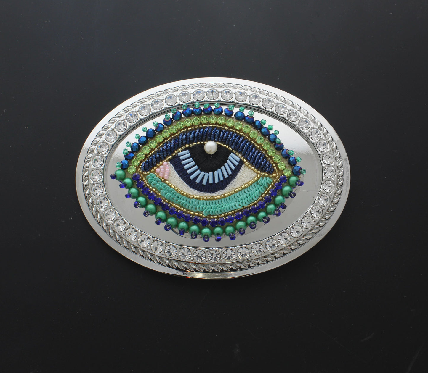 81mm x 108mm Silver Crystal Belt Buckle with Sequin Evil Eye, made in USA, each