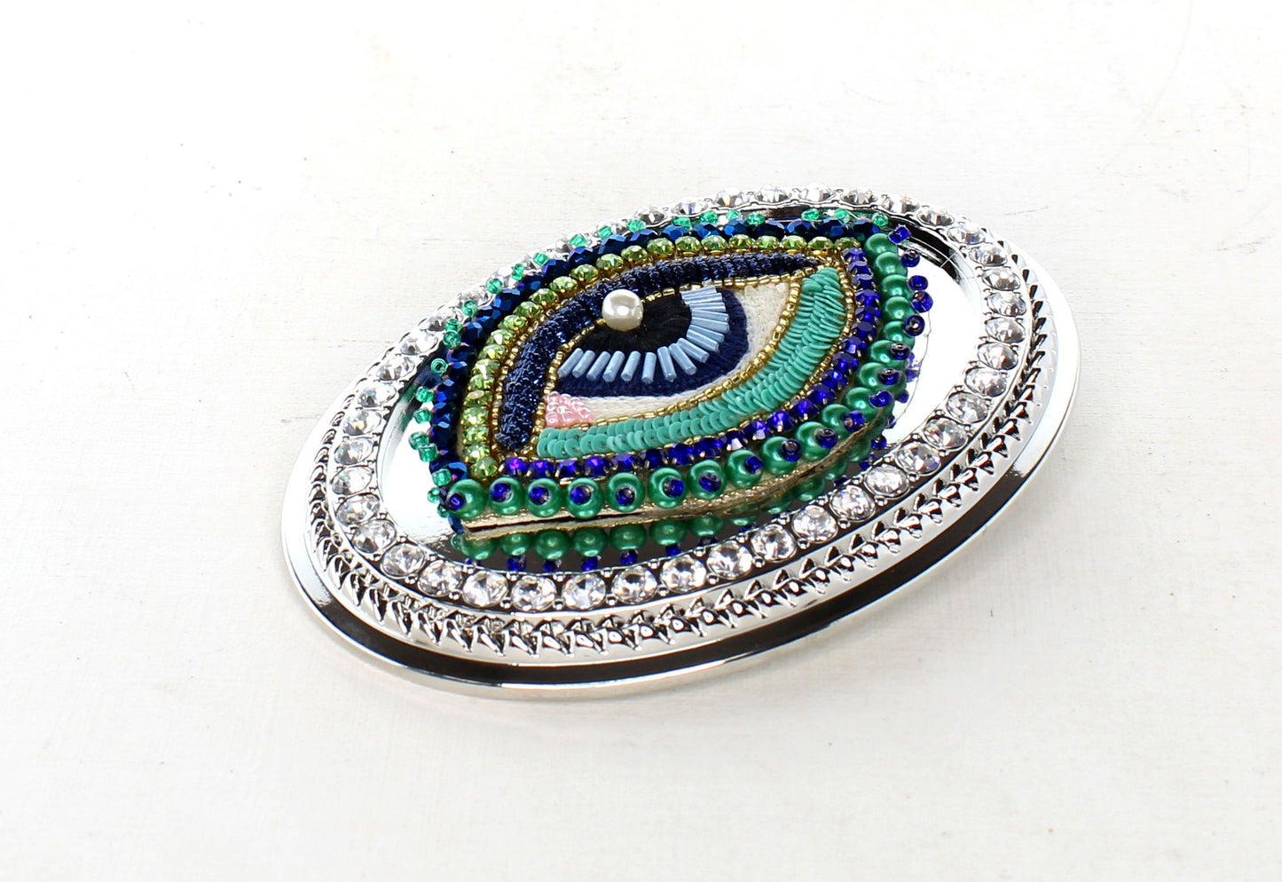 81mm x 108mm Silver Crystal Belt Buckle with Sequin Evil Eye, made in USA, each