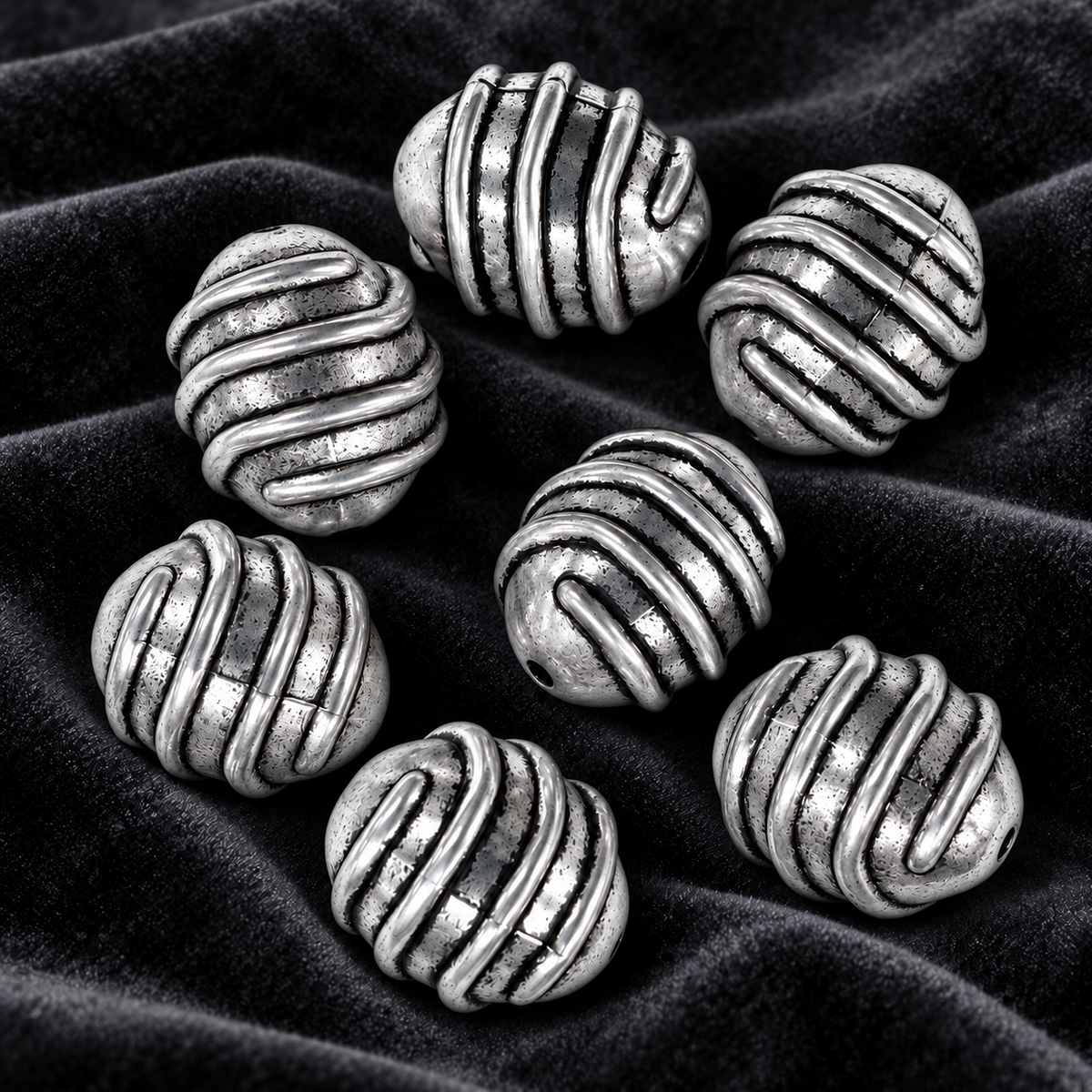Antique Silver Tone Oval Beads, Raised Swirl Design, Barrel Beads for Jewelry Making, Western Boho Craft Supplies