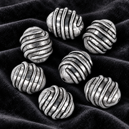 Antique Silver Tone Oval Beads, Raised Swirl Design, Barrel Beads for Jewelry Making, Western Boho Craft Supplies