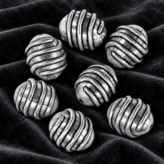 Antique Silver Tone Oval Beads, Raised Swirl Design, Barrel Beads for Jewelry Making, Western Boho Craft Supplies