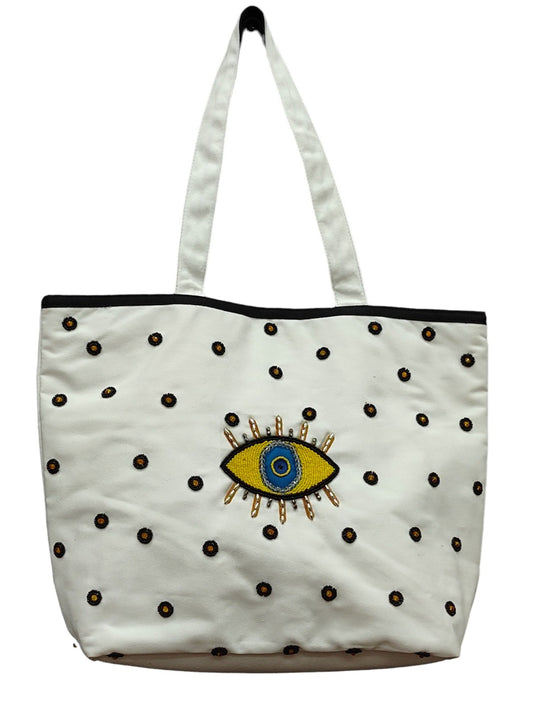 HHH Designs Poly Canvas Digital Printed Tote  Bag with Evil Eye Print and Beaded Embroidery