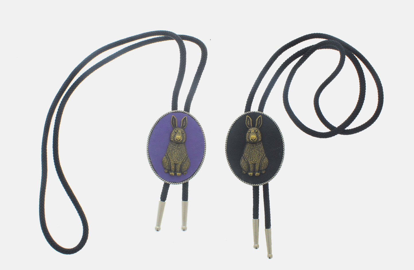 23mm x 11mm Rabbit Bolo Ties, Purple or Black Leather, made in USA, each