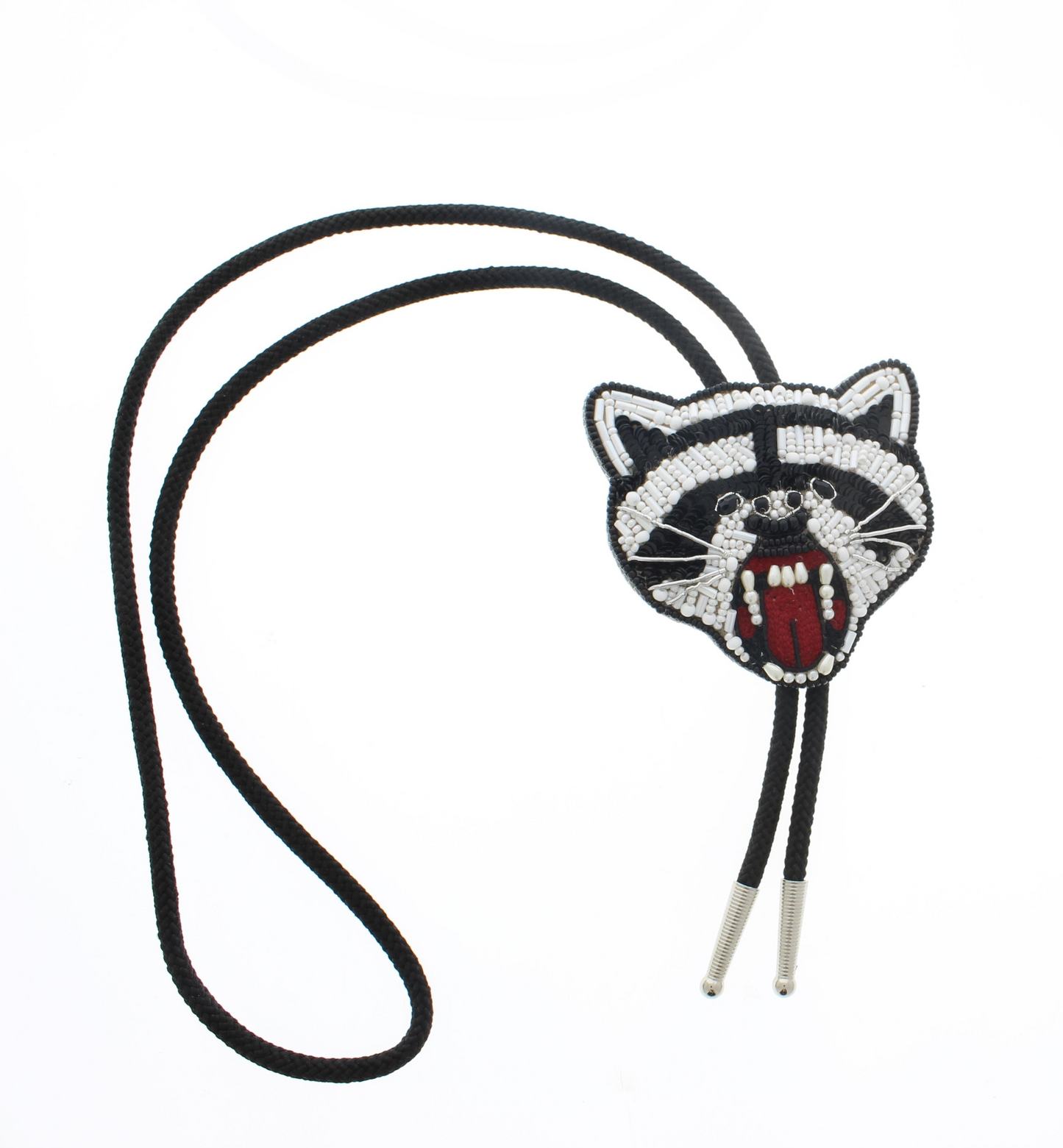 Embroidered Raccoon Head Bolo Tie, 36" black cord, made in USA, each