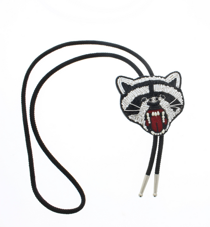 Embroidered Raccoon Head Bolo Tie, 36" black cord, made in USA, each