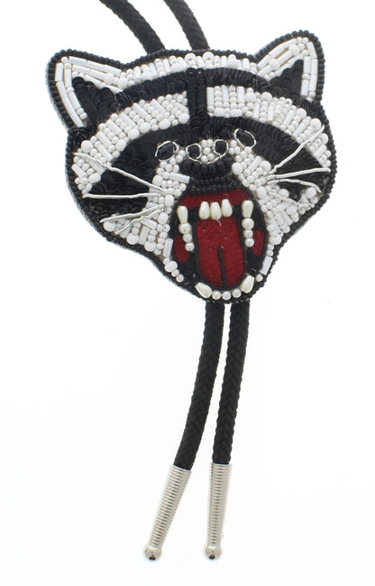 Embroidered Raccoon Head Bolo Tie, 36" black cord, made in USA, each