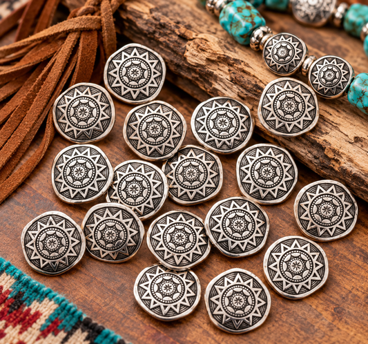 20mm Double-Sided Western Mandala Concho Beads – Antique Silver Tone – Southwestern Jewelry Making Supplies. 10pk