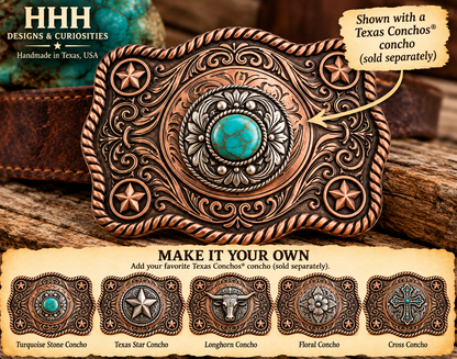 Western Belt Buckle Blank – Antique Silver/Copper Tone – 4 Texas Stars – Engraved Floral Design – Center Concho Mount – DIY Cowboy Buckle