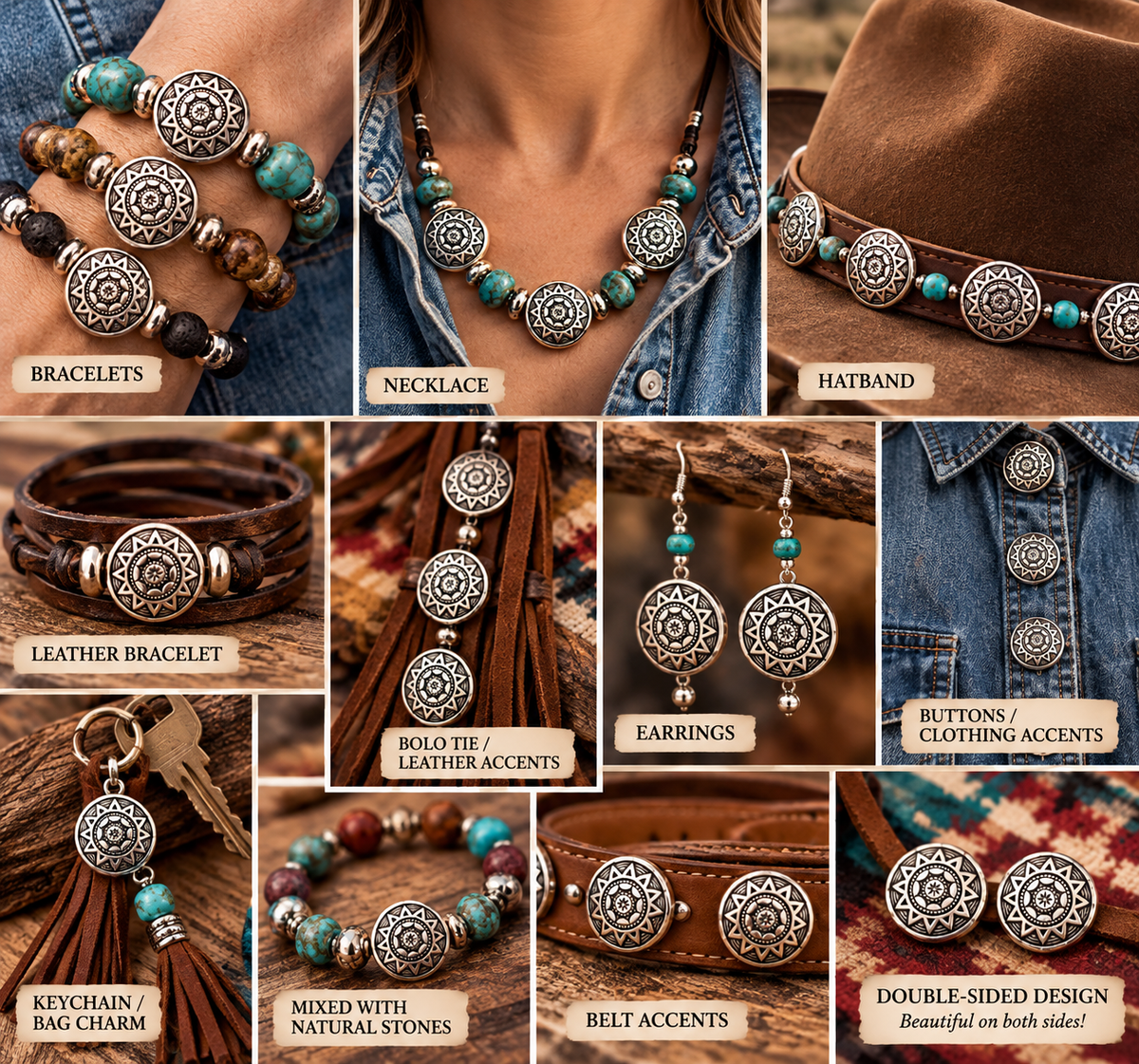 20mm Double-Sided Western Mandala Concho Beads – Antique Silver Tone – Southwestern Jewelry Making Supplies. 10pk