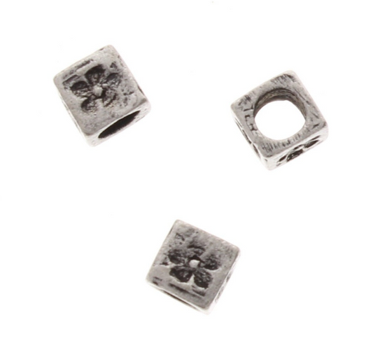 Flower or "&" Cube Bead (Ampersand And Sign), 6mm Metal Alphabet Cube, large hole bead, antique silver, Made in USA, pack of 12