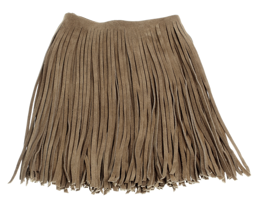 Fringe suede in saddle tan, 10 inch length with 1/2 bias at the top. sold  by foot