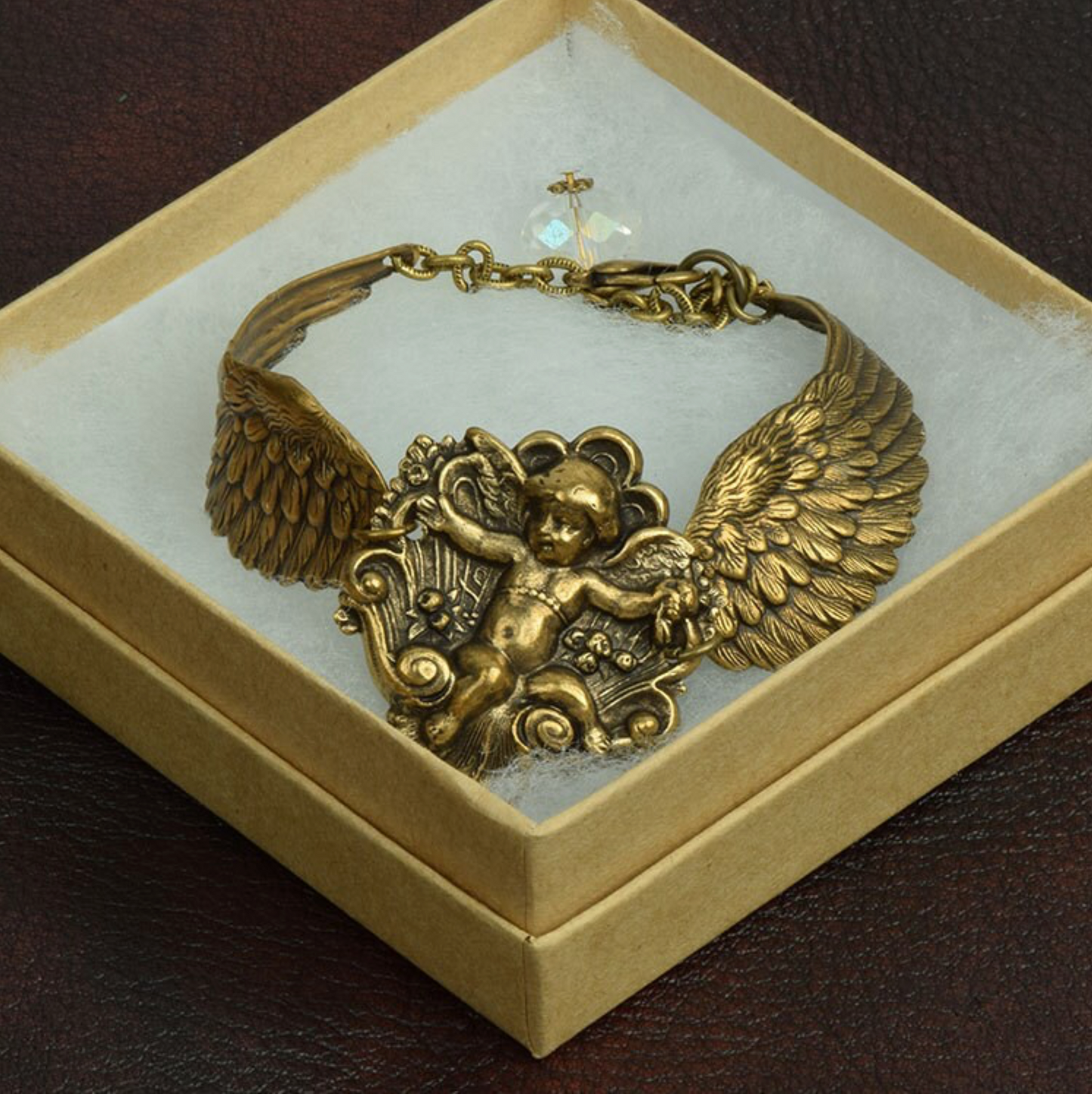 Cherub Feather Wing Bracelet with single faceted crystal bead, Antique Gold or Silver, each