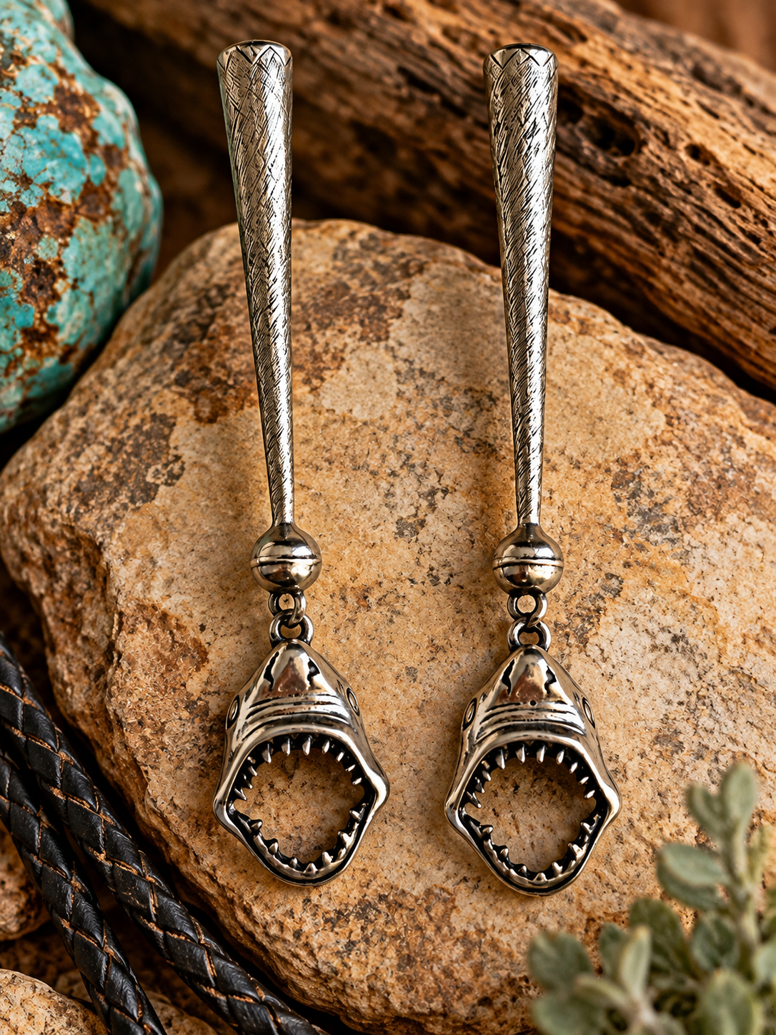 Shark Head Bolo Tie Tips – Antique Silver Tone – Dangling Shark Jaw Charms – Western Bolo Cord Ends – Pair of 2