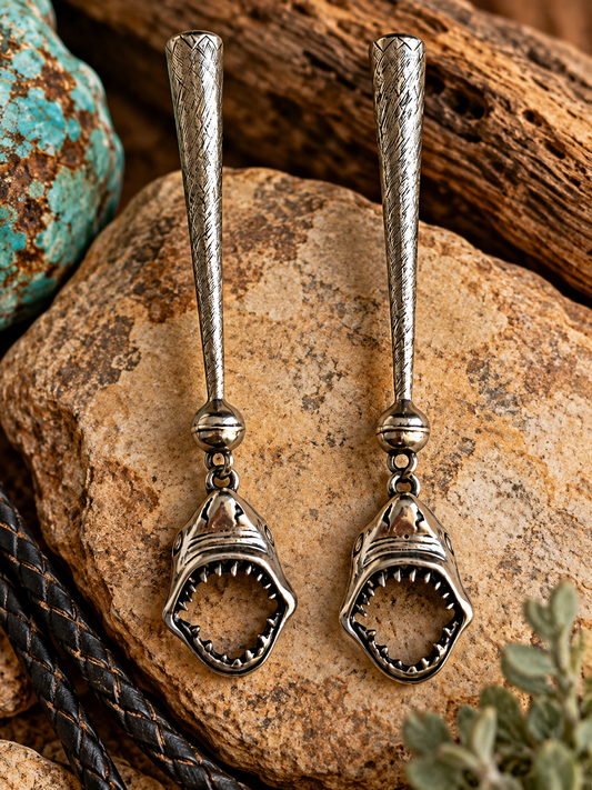 Shark Head Bolo Tie Tips – Antique Silver Tone – Dangling Shark Jaw Charms – Western Bolo Cord Ends – Pair of 2