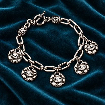 MEOW Charm Bracelet, Silver Tone Paperclip Chain, Five Cat Lover Charms, Decorative Toggle Clasp, Gift for Cat Mom