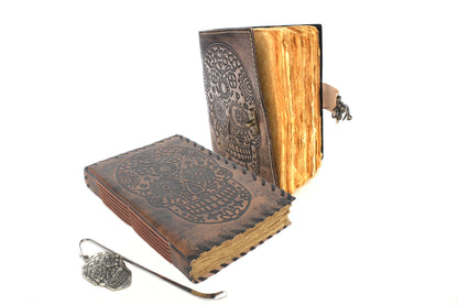 Sugar Skull Embossed Leather Journal and Bookmark Set, Lock or without Lock, each