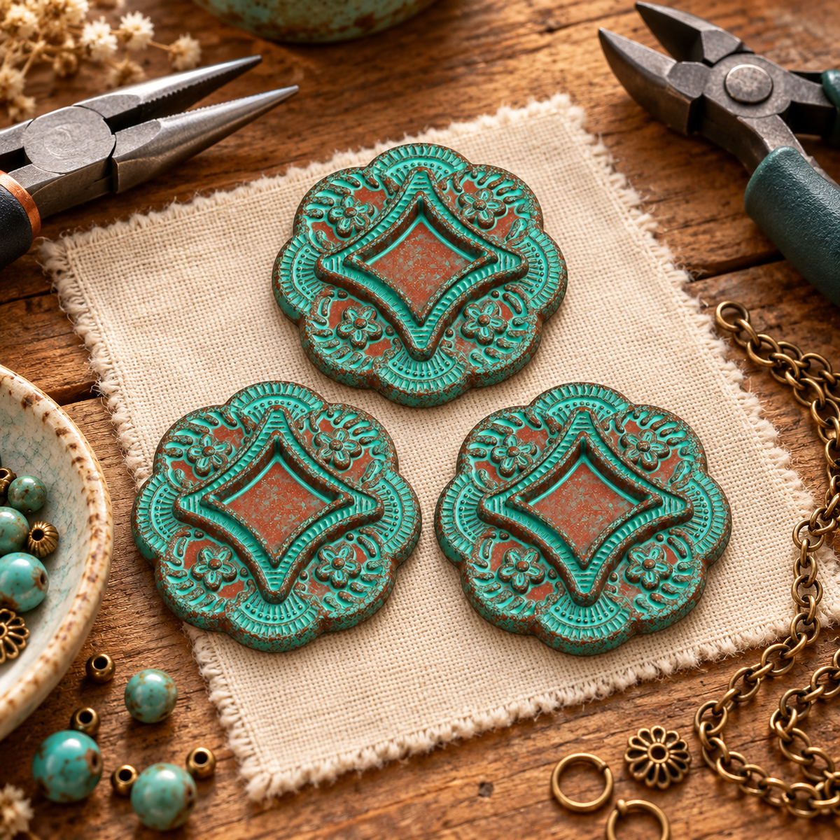 Cabochon Jewelry Component for Button, Earring, Pendant or Sweater Clasp, 37mm, Turquoise Brown or Cinnamon Brown Patina, Pack of 3