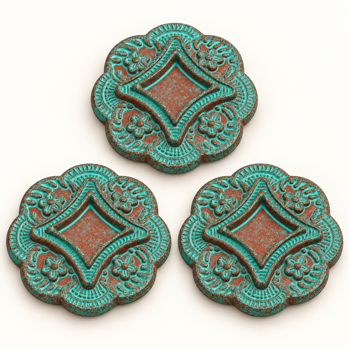 Cabochon Jewelry Component for Button, Earring, Pendant or Sweater Clasp, 37mm, Turquoise Brown or Cinnamon Brown Patina, Pack of 3