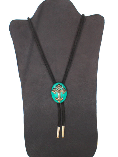 41mm x 31mm Faux Turquoise Stone with Silver Cross Bolo Tie, made in USA, each