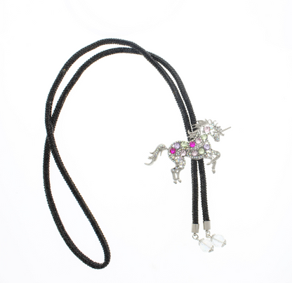 Jeweled Unicorn Bolo Tie, 36" black gemstone cord, made in USA, each